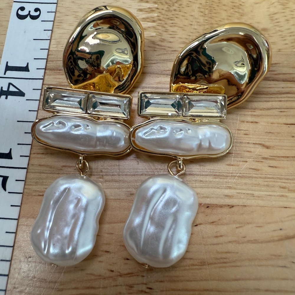 Gold Tone Faux Baroque Pearl Crystal Drop Earrings Modern Organic Aesthetic